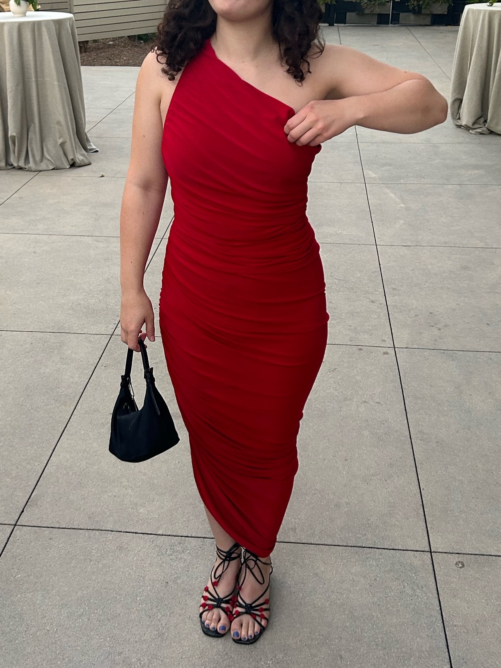 Norma Kamali Red One-Shoulder Diana Dress Ruched Gown